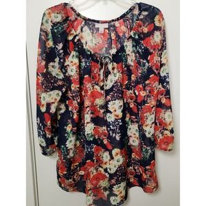 CB Sheer Mesh Floral 3/4 Sleeve Tunic Lacing Neck Size XL Forrest Fairy Romantic